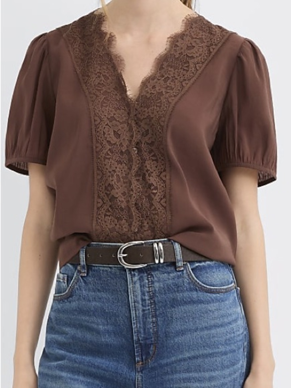 Women's Brown Lace-Trim V-Neck Blouse